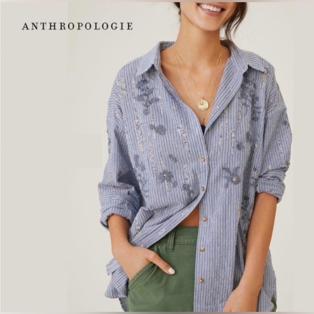Pilcro Light Blue Striped Button-Down Shirt with Floral Embroidery